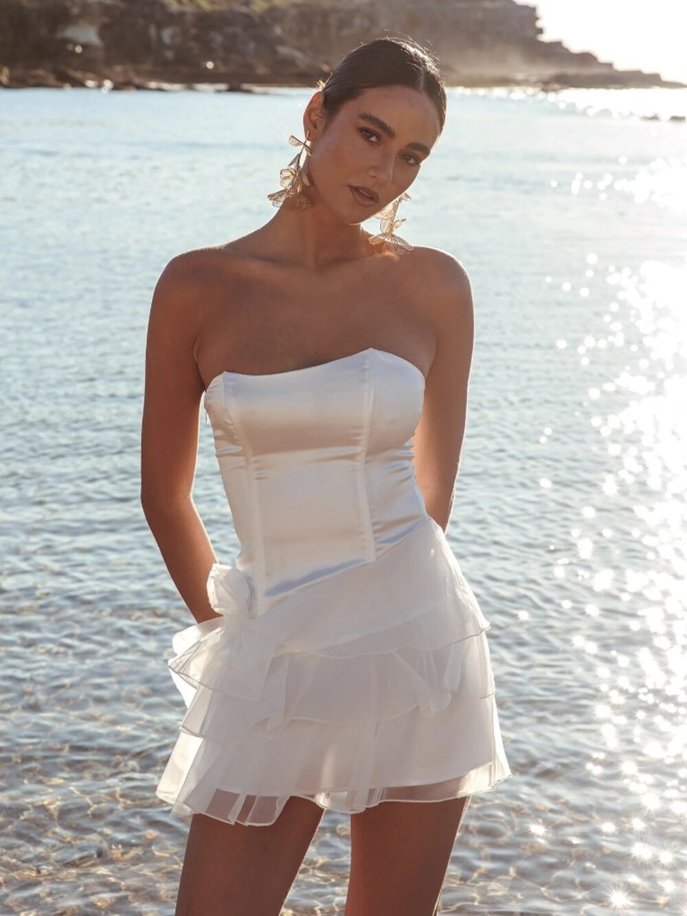 Selfie Leslie NWT Size US 6 Strapless mini dress Tiered organza ruffle skirt Swe